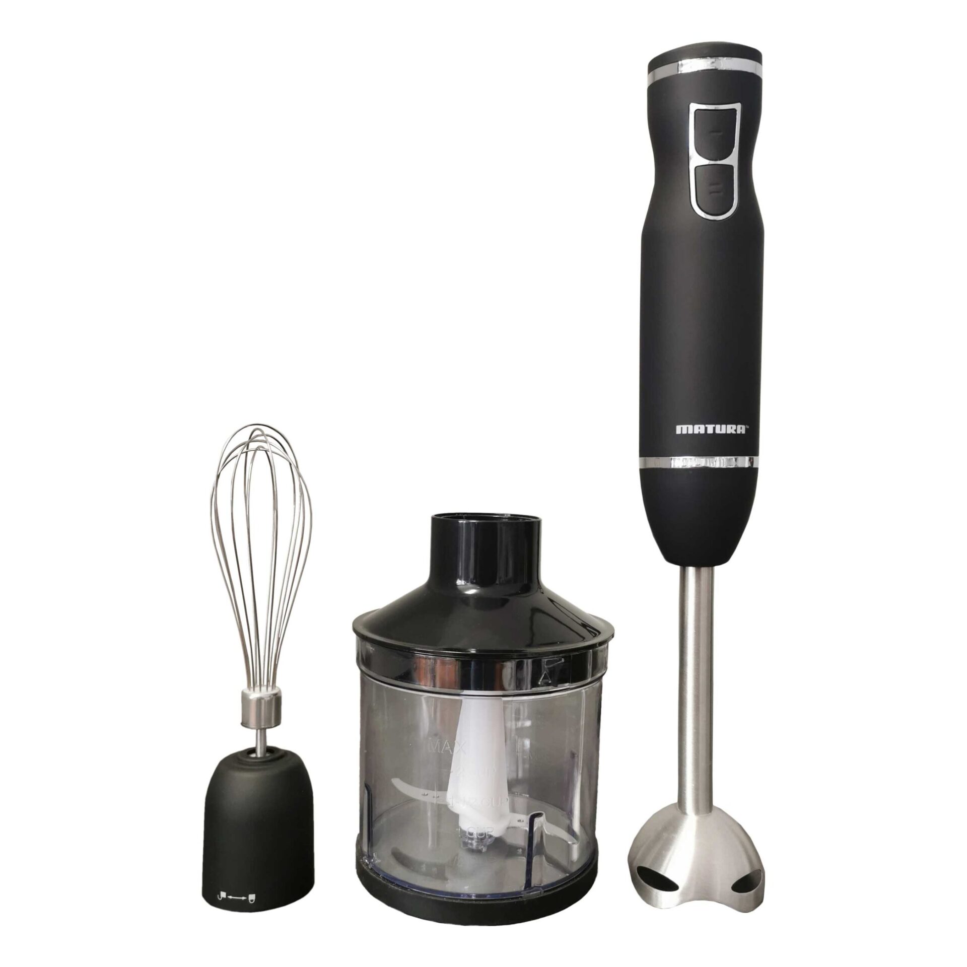 Black stick blender with accessories